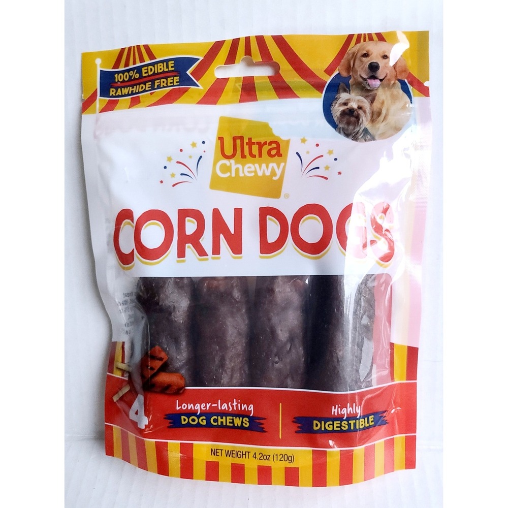 Ultra Chewy Corn Dogs Dog Treats Rawhide Free Chicken Flavor 4 Count 4.2oz Bag